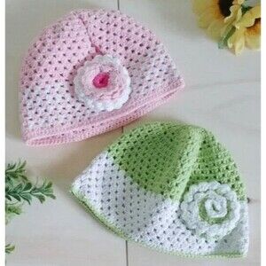 Baby Girls 2 Pack Crochet Hat Beanie Handmade Pink Green One Size